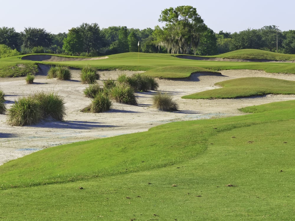 Golf green surrounded by large bunkers on a course in Florida