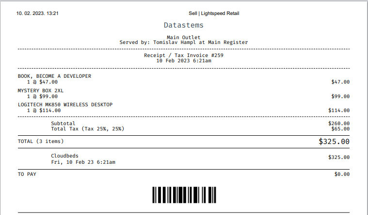 Lightspeed Cloudbeds Receipt Example