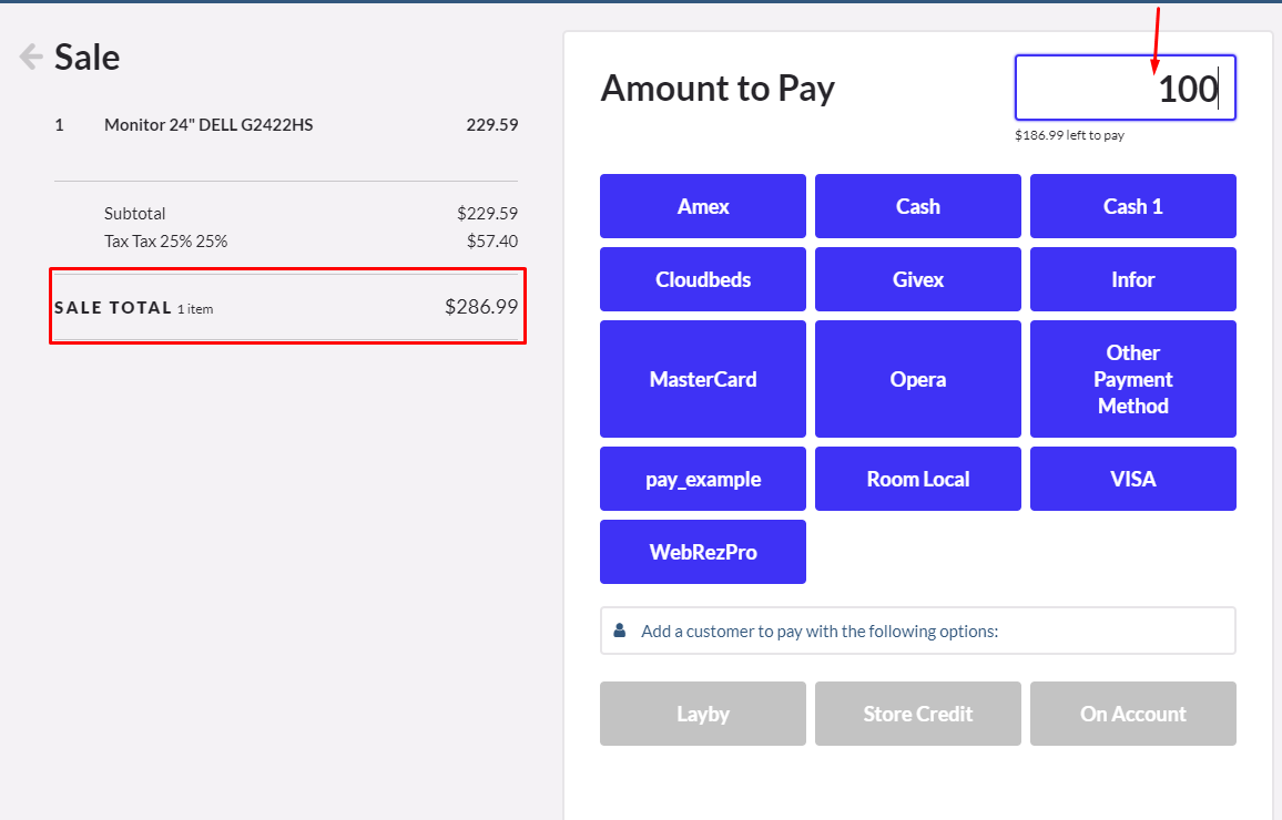 Set the amount to pay in lightspeed.