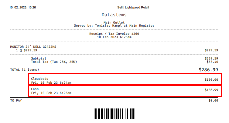 A lightspeed receipt with cloudbeds split payments.