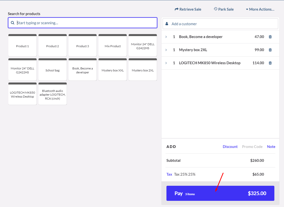 Create a sale and select pay.