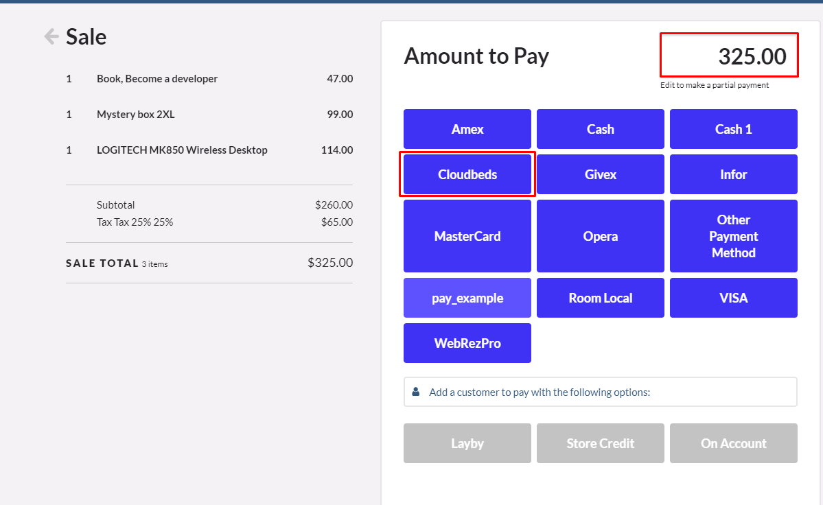Set the amount and click the cloudbeds button.