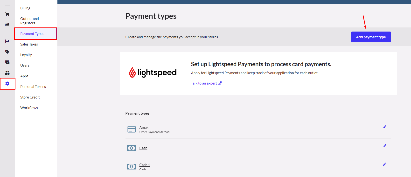 Select lightspeed settings and payment type.
